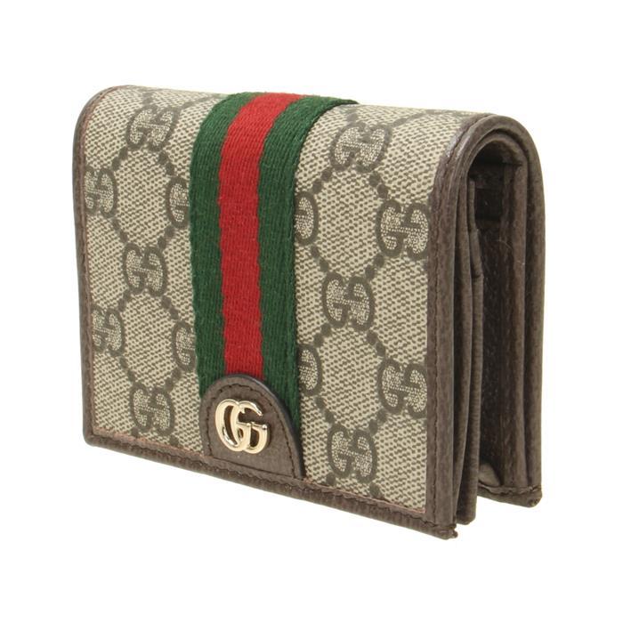 GUCCI Ophidia Small Wallet Beige Canvas GG Supreme Trim Brown Leather