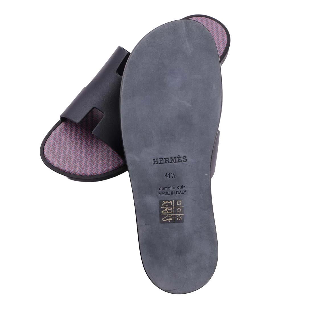 HERMES Izmir Marine Blue Leather Slide Sandals Unisex