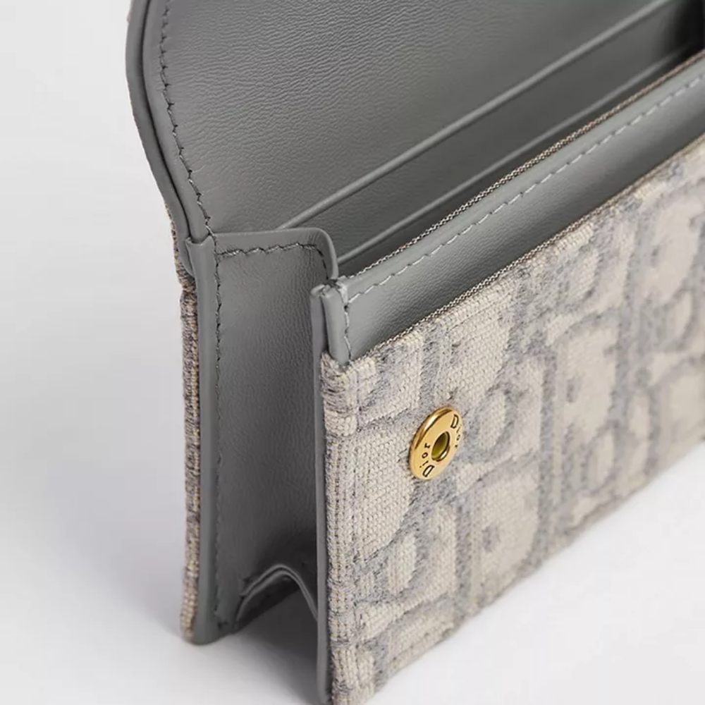 DIOR Oblique Saddle Card Holder Navy Gray Leather Unisex