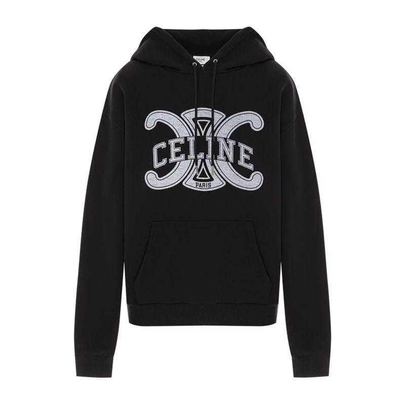 CELINE Men’s Cotton Fleece Loose Fit Hoodie Black White