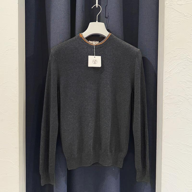 HERMES Double Coat H Cashmere Knit Sleeve Crewneck Sweater Charcoal