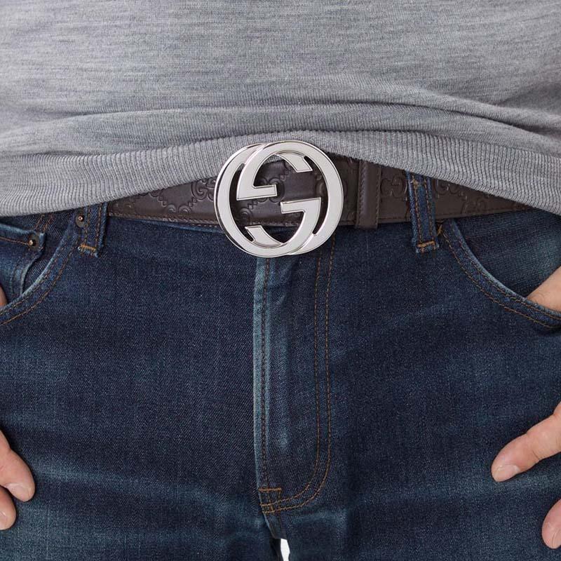 GUCCI Brown Signature Leather Belt with Interlocking G Buckle 411924 CWC1N 2040
