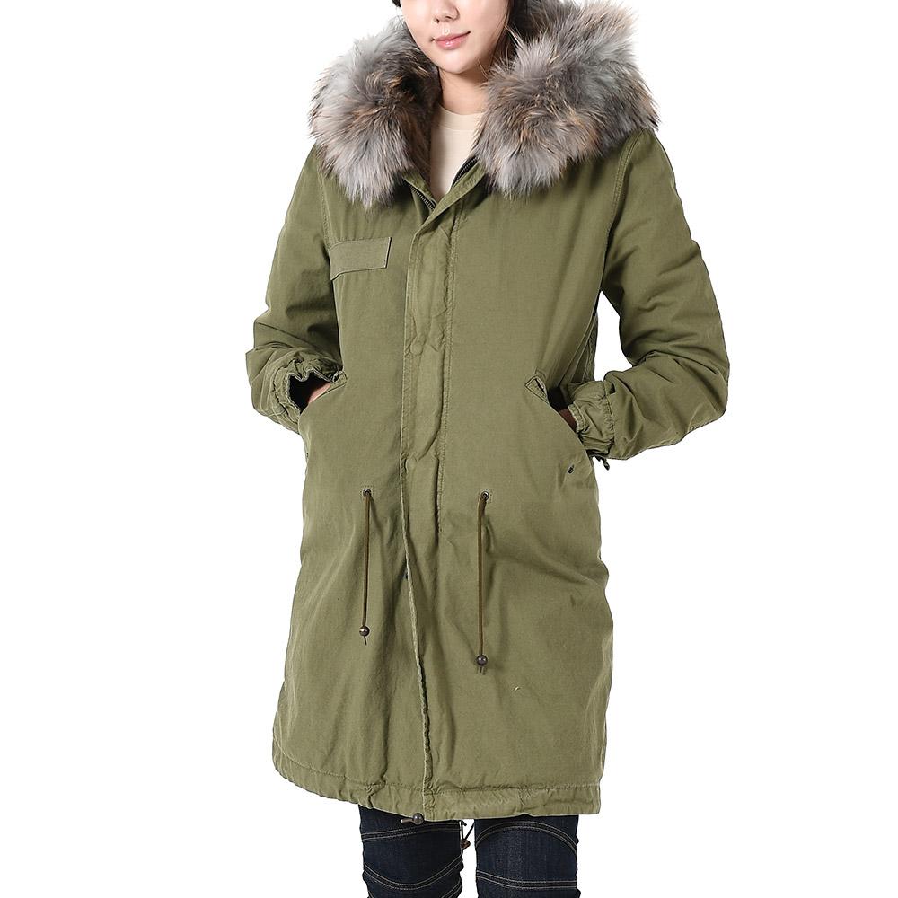 Mr & Mrs Khaki Raccoon Fur Trim Rabbit Fur Parka Jacket