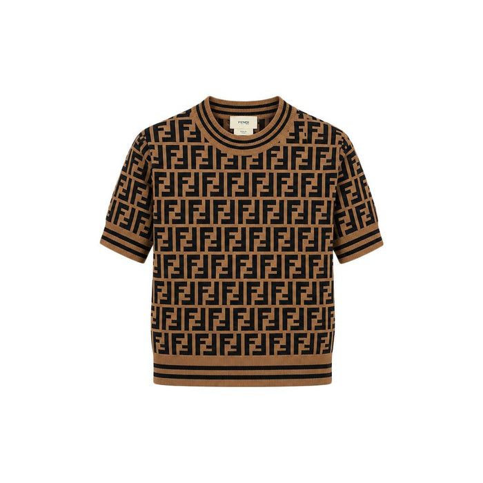 FENDI Brown FF Jacquard Short-Sleeve Knit T-Shirt