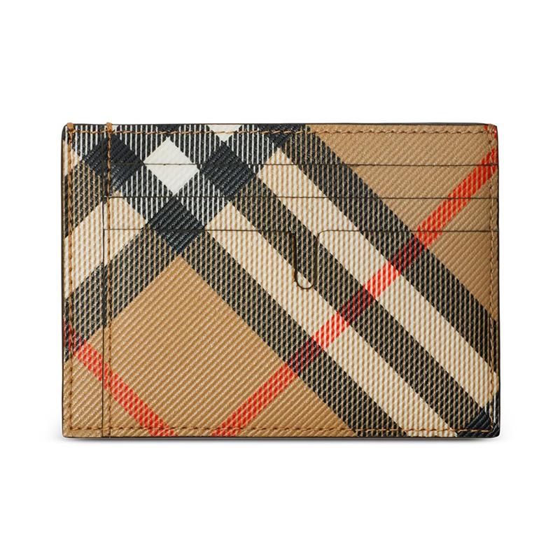 BURBERRY Check Clip Card Holder Sand Leather Wallet