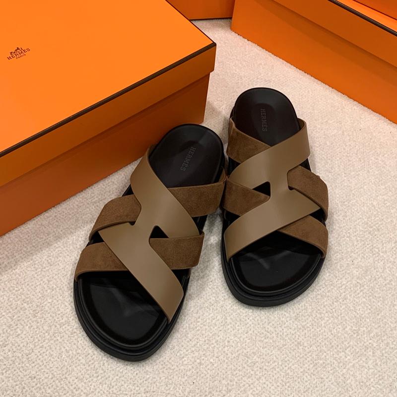 HERMES Men’s Casimir Slippers Calfskin Suede Brown