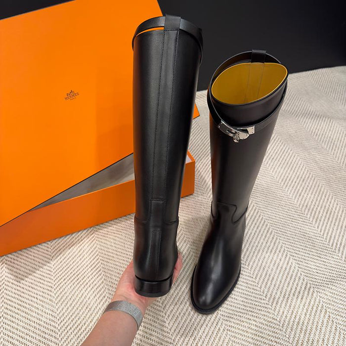 HERMES Black Calfskin Jumping Kelly Buckle Long Boots Silver Hardware
