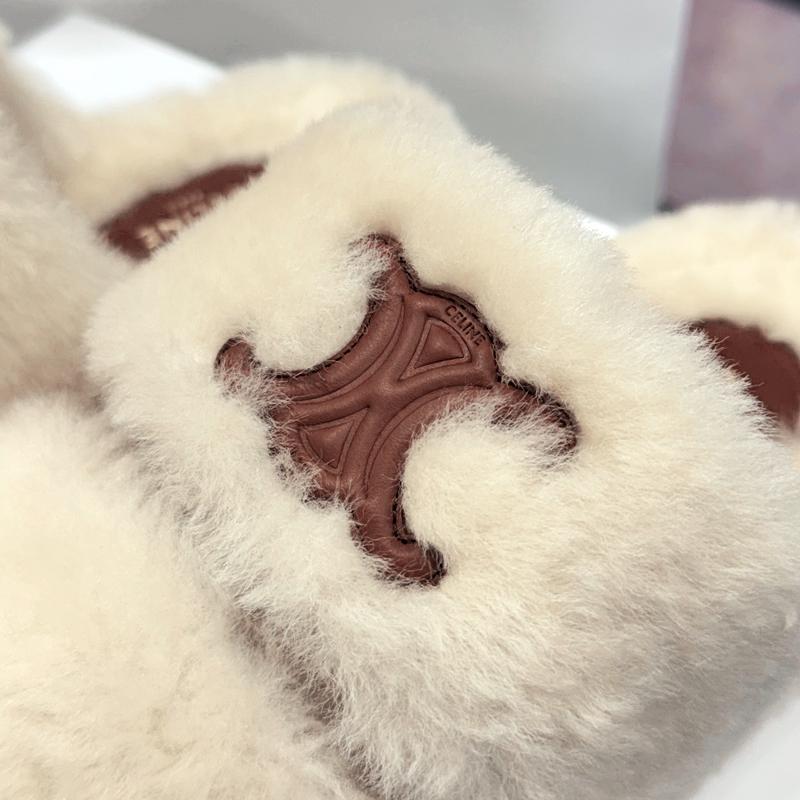 CELINE Triomphe Shearling Fur Slide Sandals Ivory Women