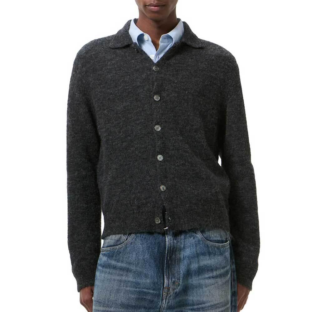 OUR LEGACY Charcoal Melange Fuzzy Alpaca Evening Polo Cardigan M2263 EC