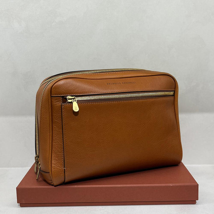 Brunello Cucinelli Brown Leather Wash Pouch Bag Unisex