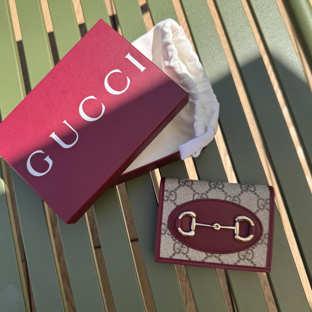 GUCCI Horsebit 1955 Beige Ancora Red Leather Card Case Wallet 621887