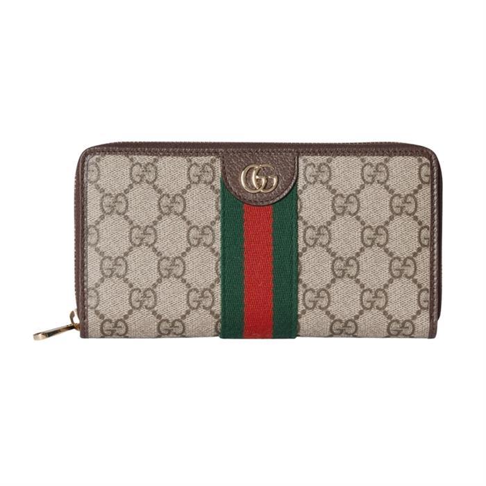 GUCCI Ophidia Zip-Around Card Holder Beige GG Canvas Leather Trim