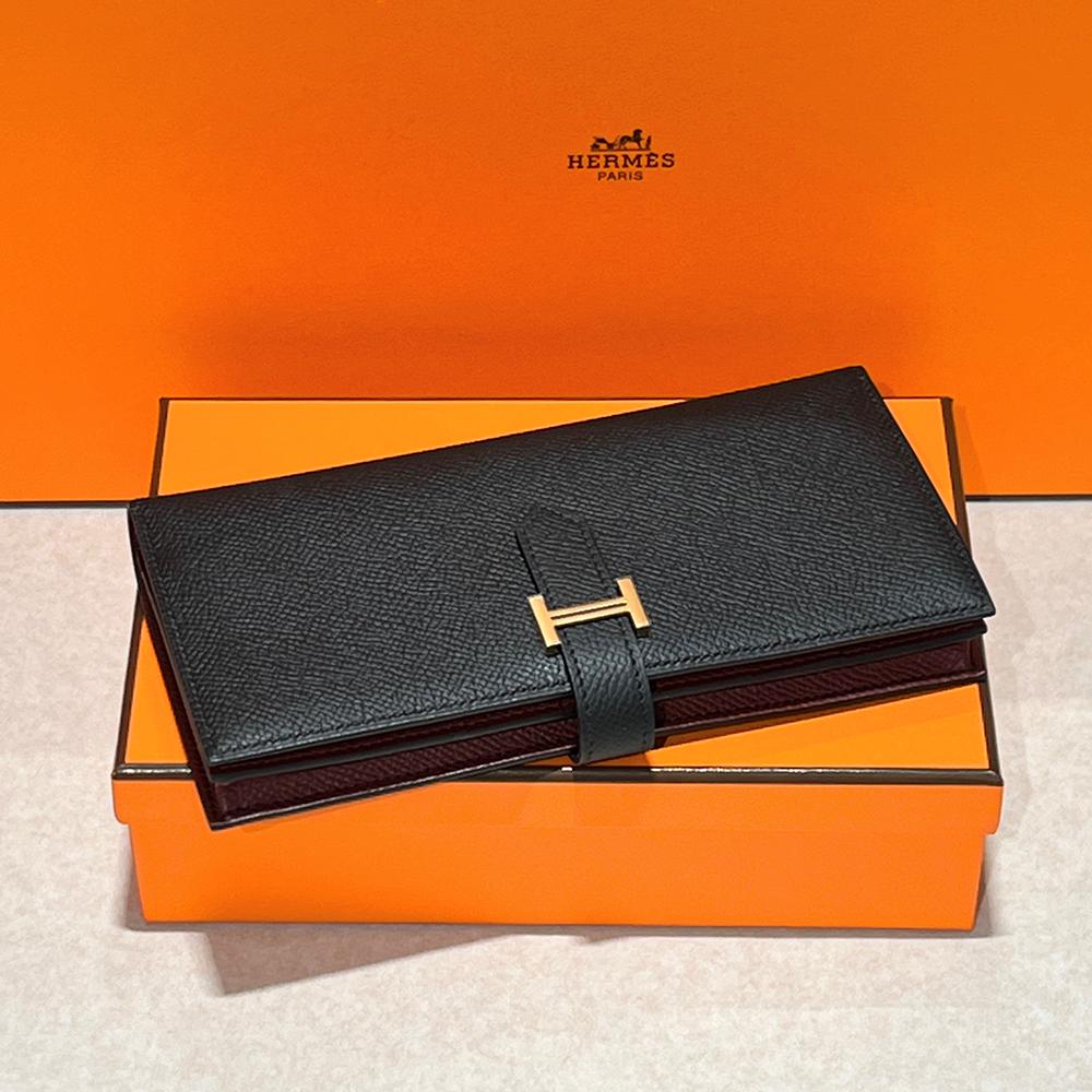 HERMES Epsom Leather Bearn Long Wallet Black Burgundy Two-Tone Gold HW