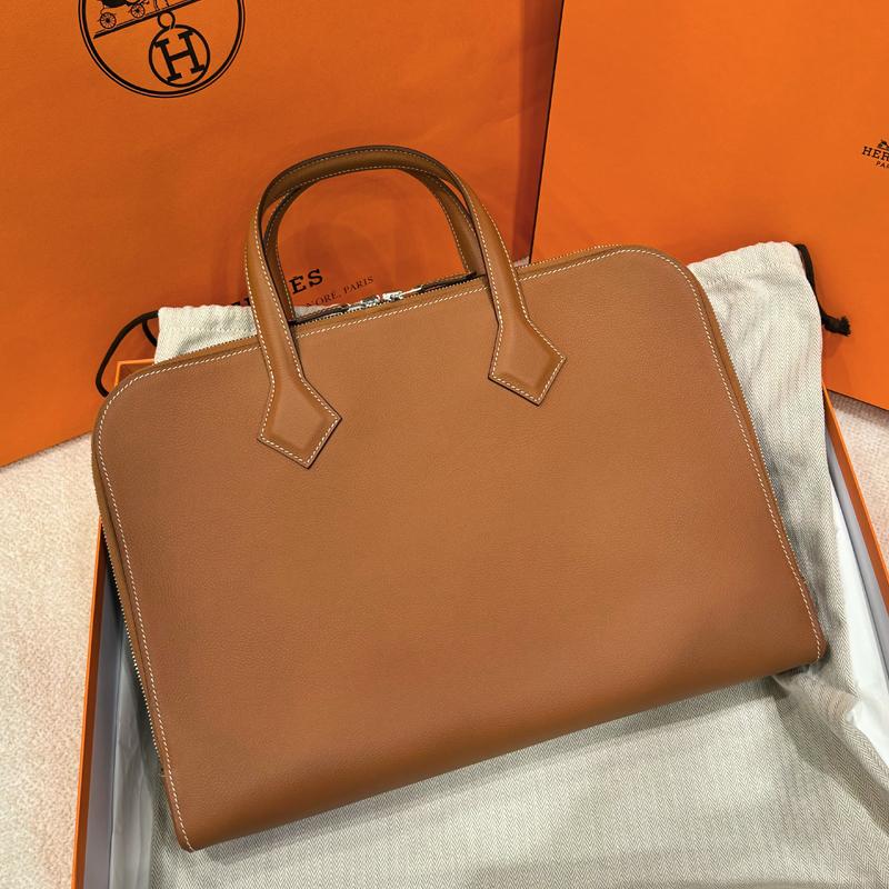 HERMES Victoria Light Brief Case Gold Brown Tote Bag Unisex
