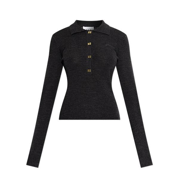 GANNI Mini Ribbed Merino Wool Polo Shirt A1070125 252