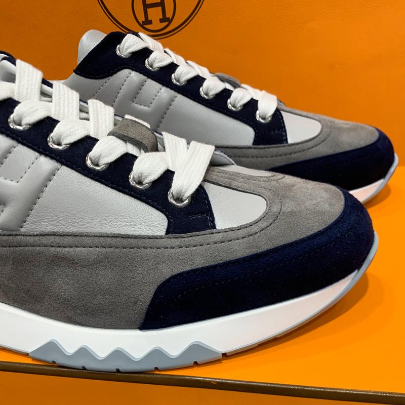 HERMES Navy Gray Calfskin Trail Low-Top Sneakers for Men