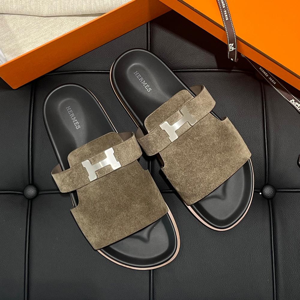 HERMES Suede Calfskin Kelly Buckle Sandals Etoupe Palladium Hardware