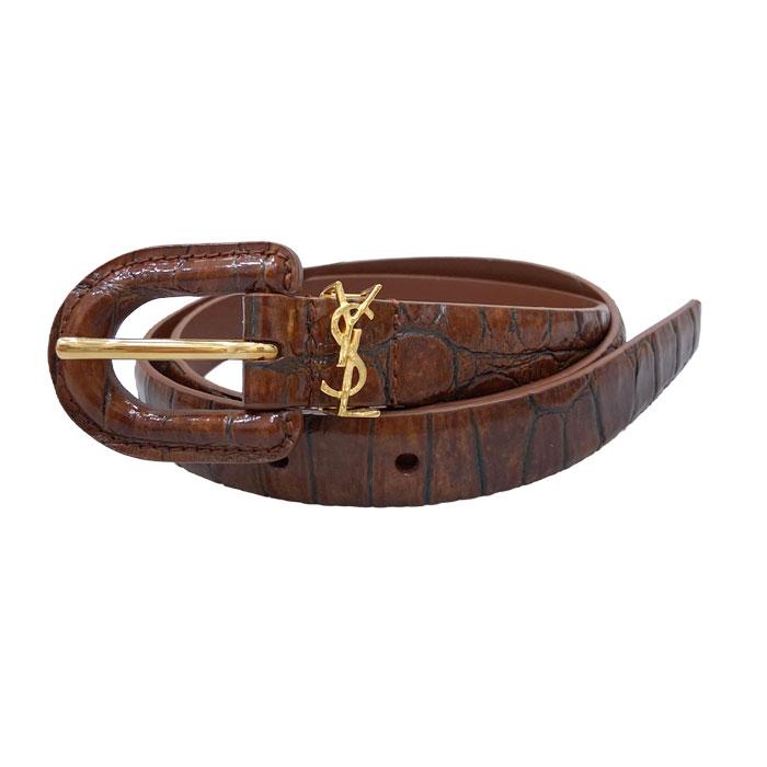 Saint Laurent Cassandra Crocodile-Embossed Leather Belt Women’s Brown
