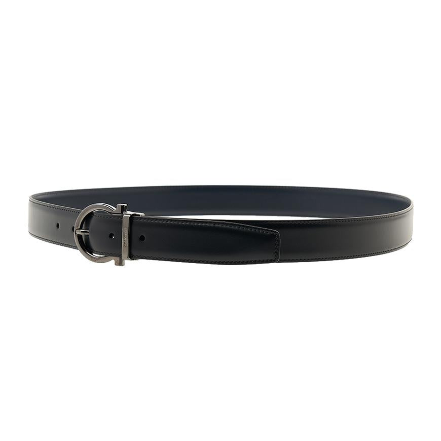 Ferragamo Men’s Reversible Gancini Leather Belt Black/Navy