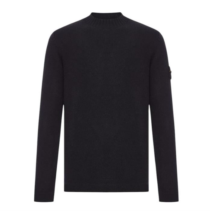 STONE ISLAND Black Wool Round Neck Knit Sweater with Patch