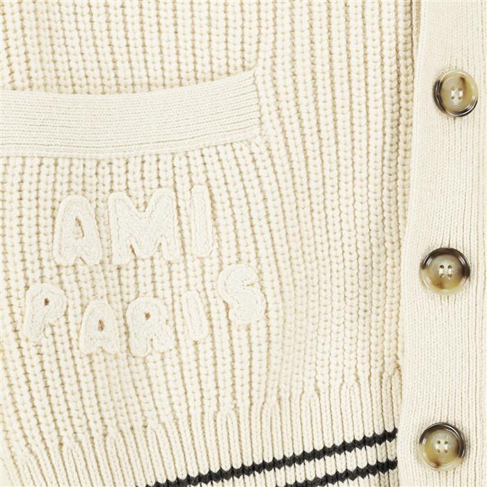 AMI Coeur Heart Patch Cardigan Men Knit Sweater Paris Gray