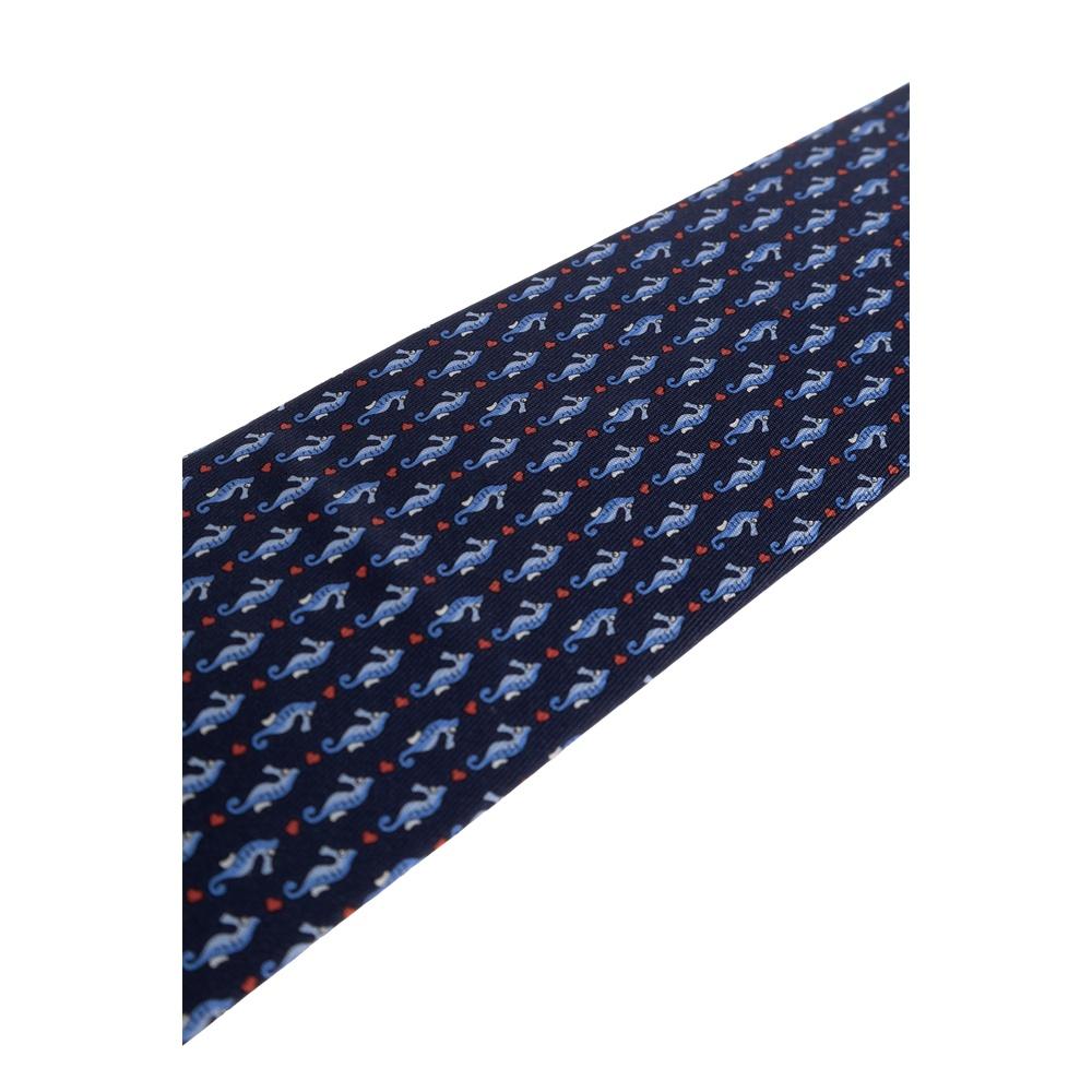 Ferragamo Seahorse Print Silk Tie Navy