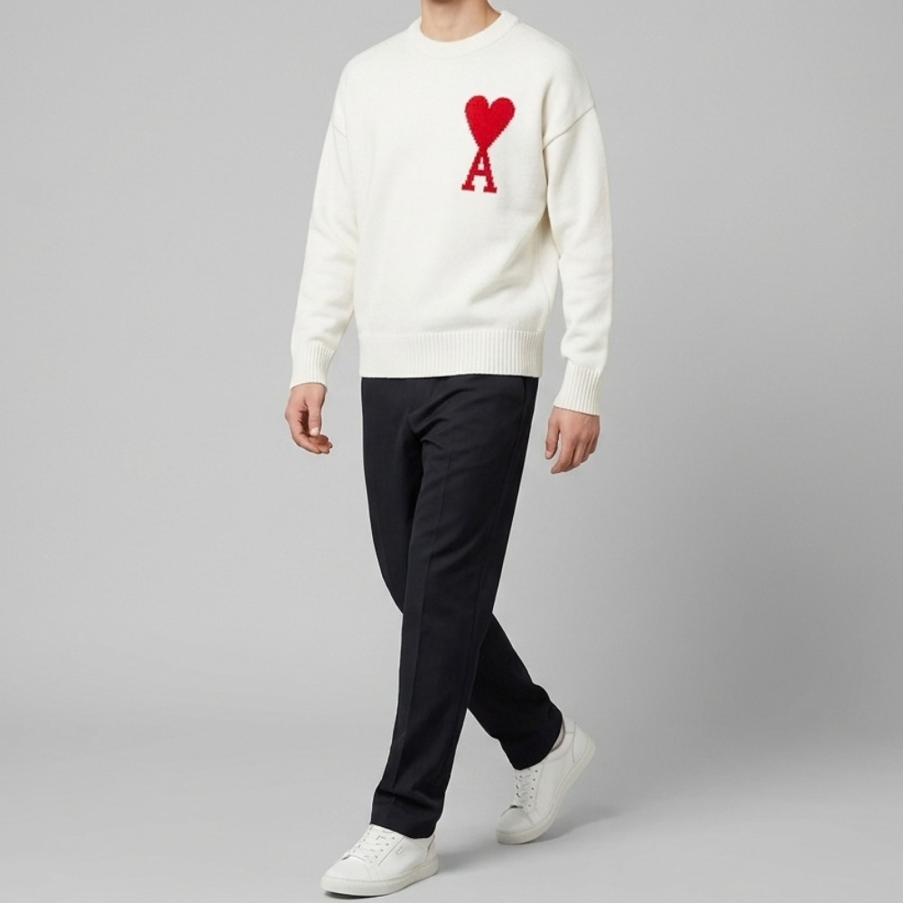 AMI Big Heart Logo Oversized Intarsia Sweater Off-White BFUKS002 018