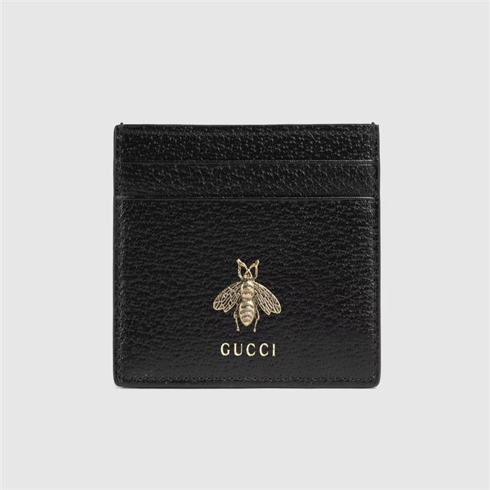 GUCCI Black Leather Animalier Bee Card Holder Wallet