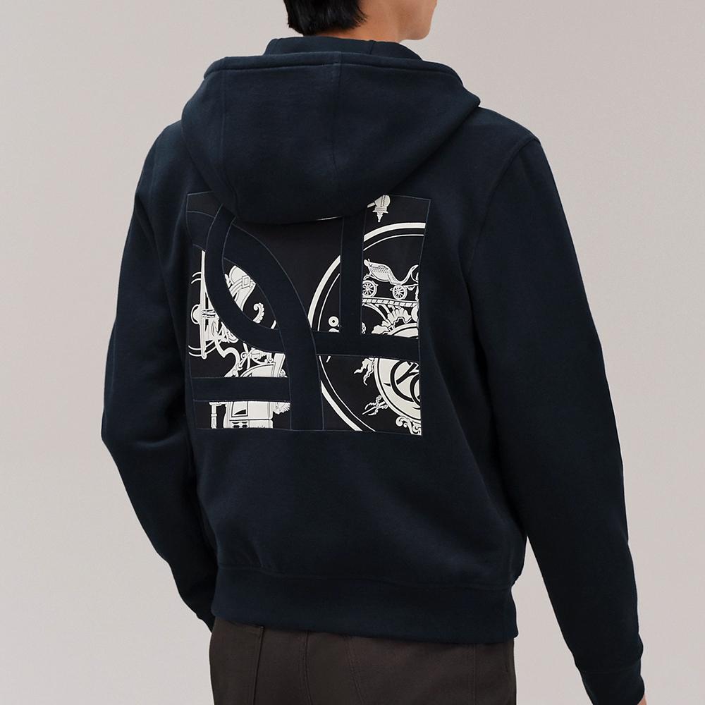 HERMES Ex Libris Silk Detail Zip-Up Hoodie Marine Navy Men’s