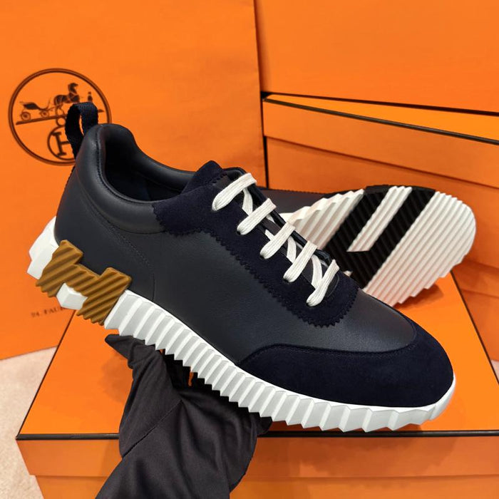 HERMES Men’s Goatskin Bouncing Sneakers Marine Blue/Brown/Black Low-Top