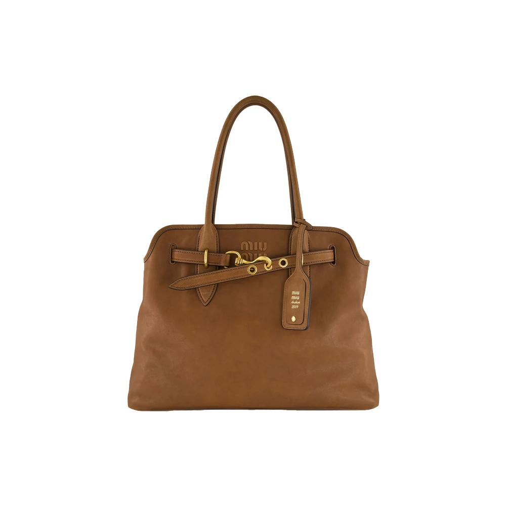 Miu Miu Embossed Logo Nappa Leather Medium Tote Bag Oak