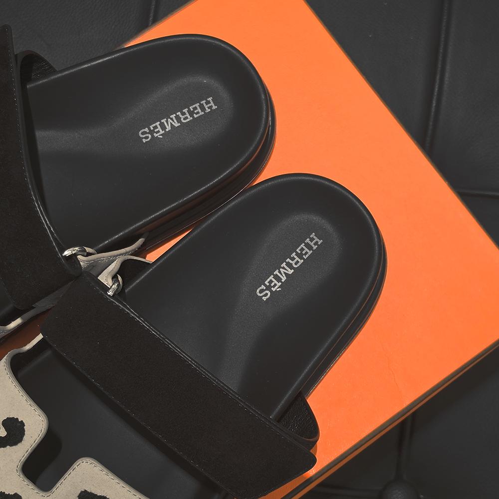 HERMES Leopard Beige Suede Goatskin Chypre Sandals
