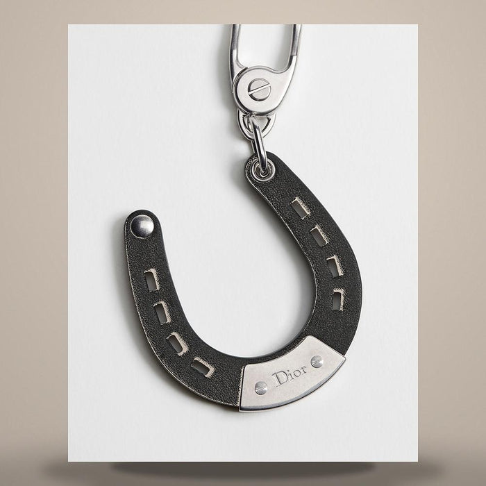 DIOR Black Smooth Calfskin Horseshoe Keyring Antique Silver Brass