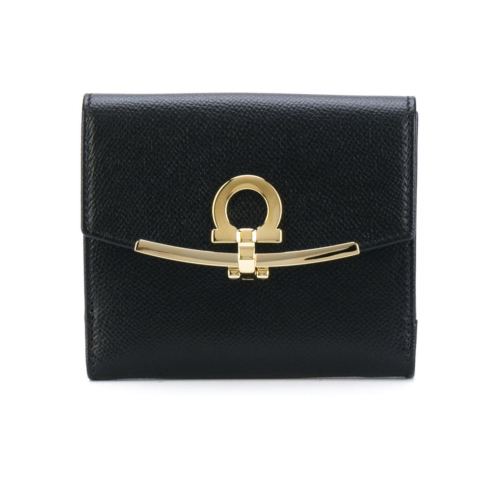 Ferragamo Gancini Clasp Leather Coin Bifold Wallet Black 22 C877 0673998