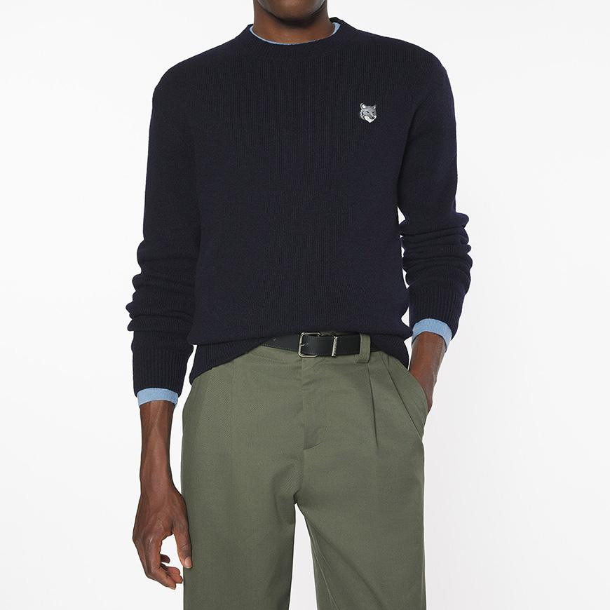 Maison Kitsune Men’s Fox Head Lambswool Crewneck Sweater Nav PM00803 KT1006 0413