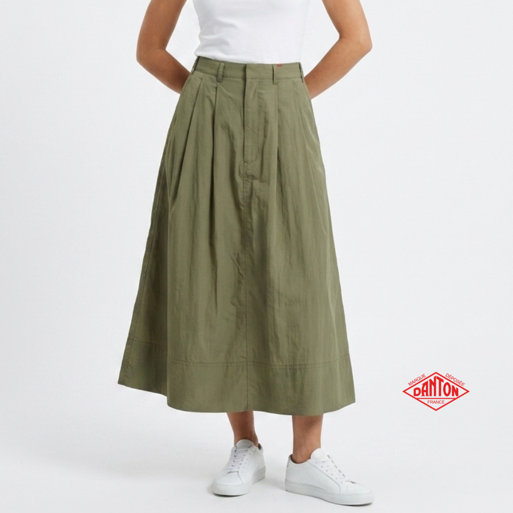 DANTON Two-Tuck Easy Nylon Long Skirt Women Khaki DT F0049