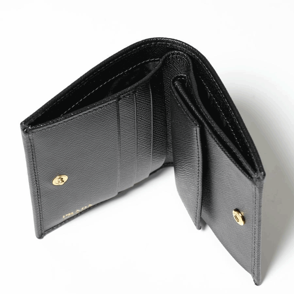 PRADA Black Saffiano Leather Triangular Logo Gold-Tone Women’s Bifold 1MV204 QHH