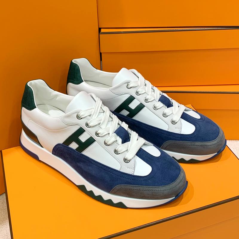 HERMES Trail Sneakers Calfskin White Navy Low Top Men