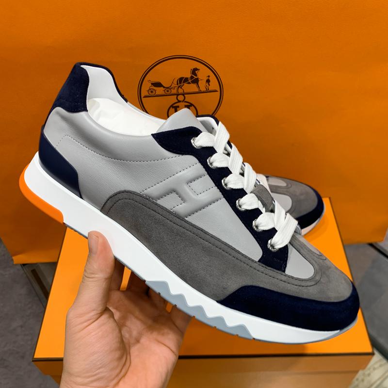 HERMES Navy Gray Calfskin Trail Low-Top Sneakers for Men