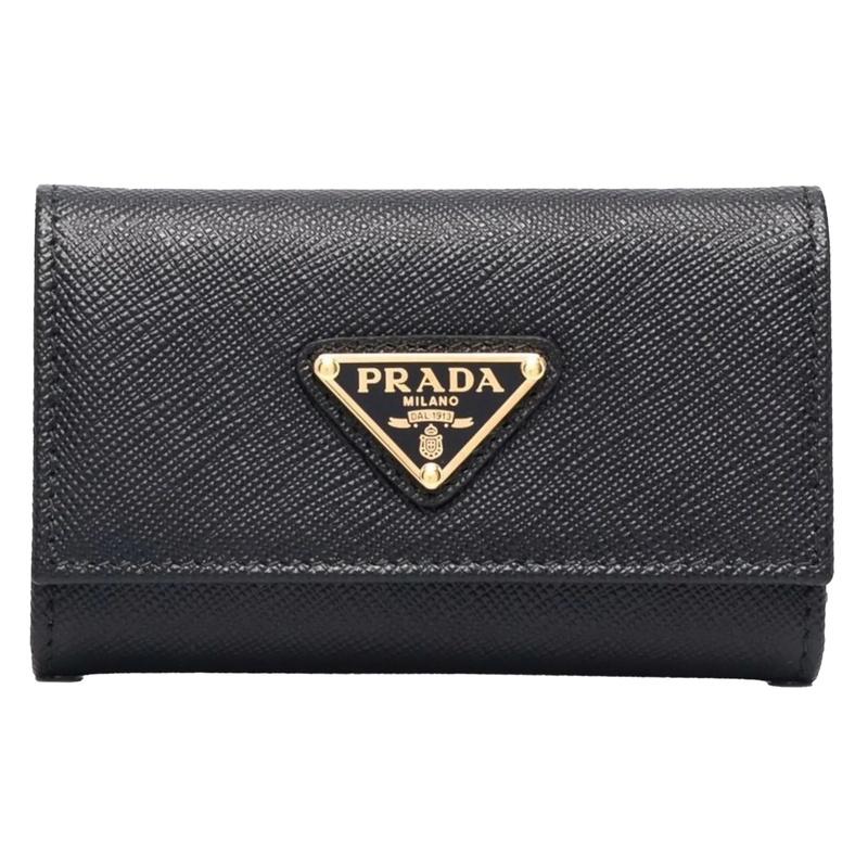 PRADA Triangle Logo Leather Key Case Black