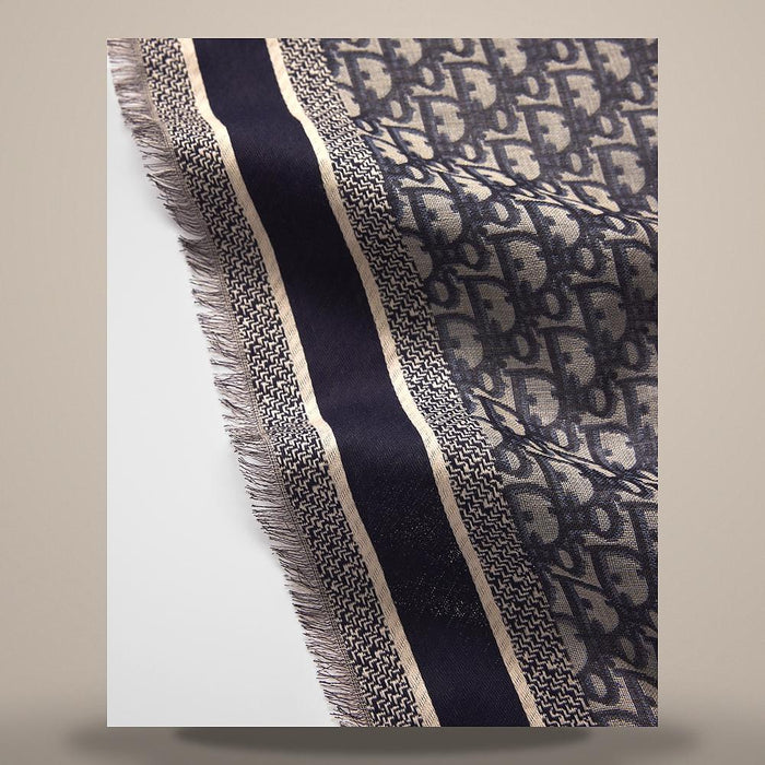 DIOR Oblique Navy Blue Wool Silk Cotton Scarf