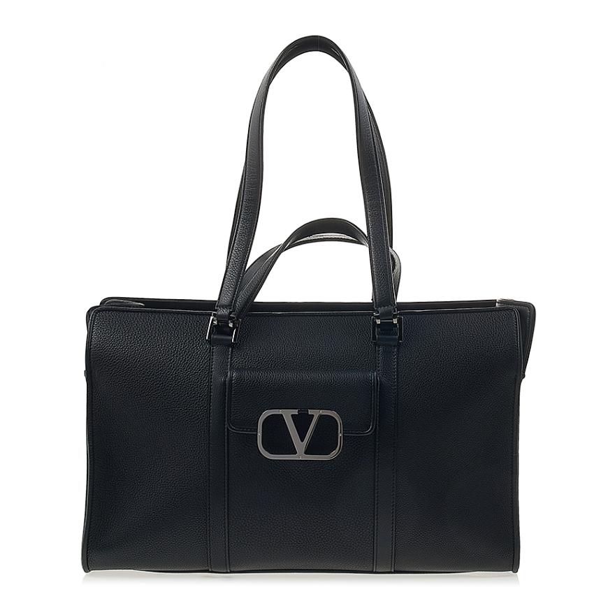 VALENTINO Garavani Signature V Logo Tote Bag Black Leather