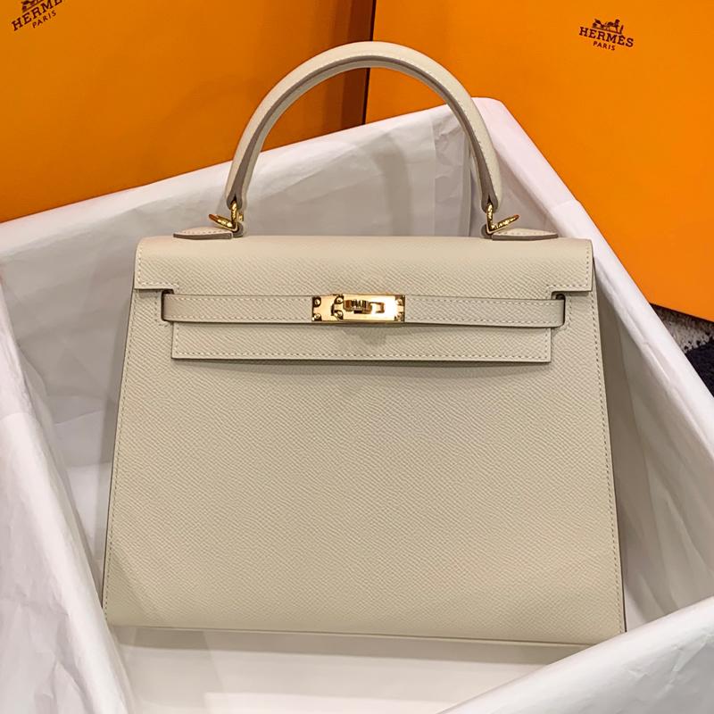 HERMES Epsom Leather Kelly 25 Ivory Shoulder Bag Gold Hardware