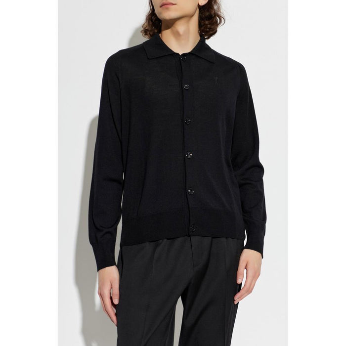 AMI Shirt Collar Mens Cardigan Gray Knit