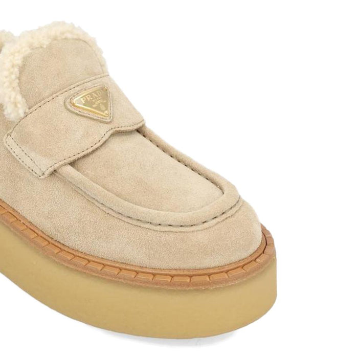 PRADA Triangle Logo Suede Shearling Loafers Desert Beige 1D717N JFT F0F24