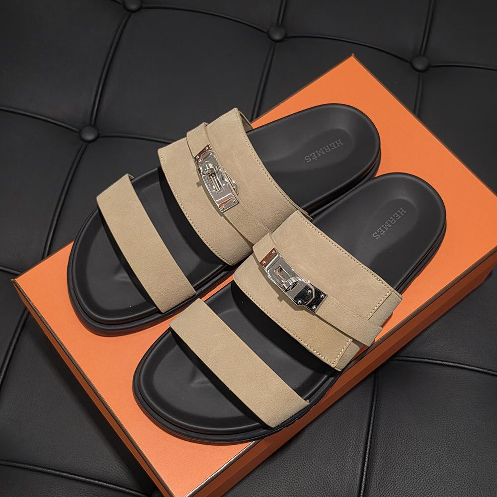 HERMES Men’s Jackson Slides Suede Calfskin Beige Silver-Tone Hardware