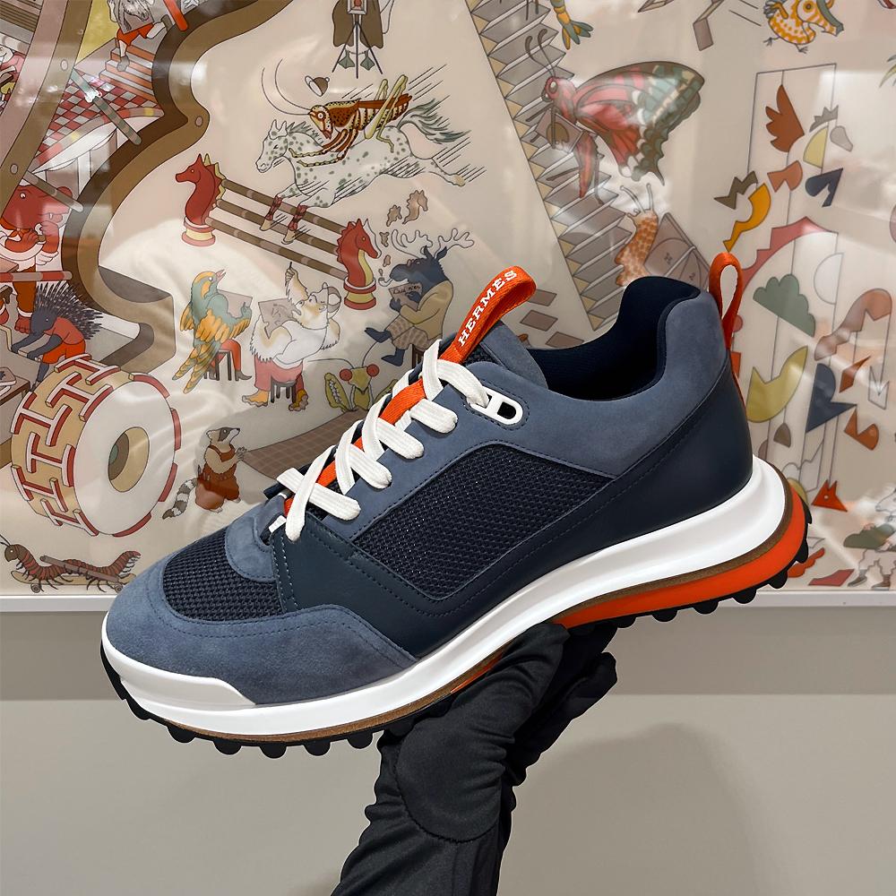 HERMES Men’s Leader Sneakers Epsom Calf Goatskin Suede Gray Blue