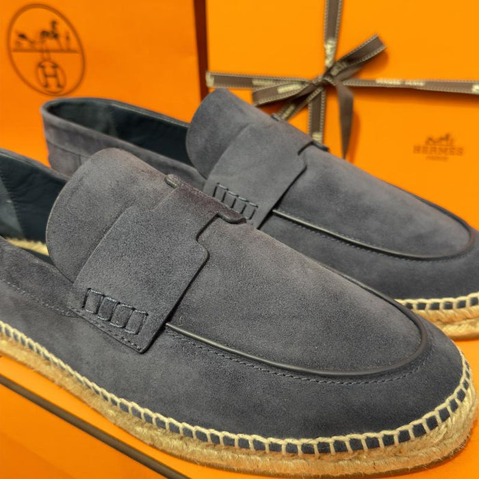 HERMES Navy Suede Goatskin Trip Espadrille Loafers for Men
