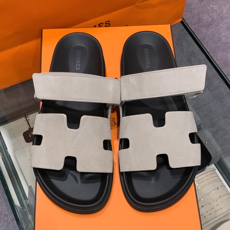 HERMES Men’s Chypre Suede Sandals Gray