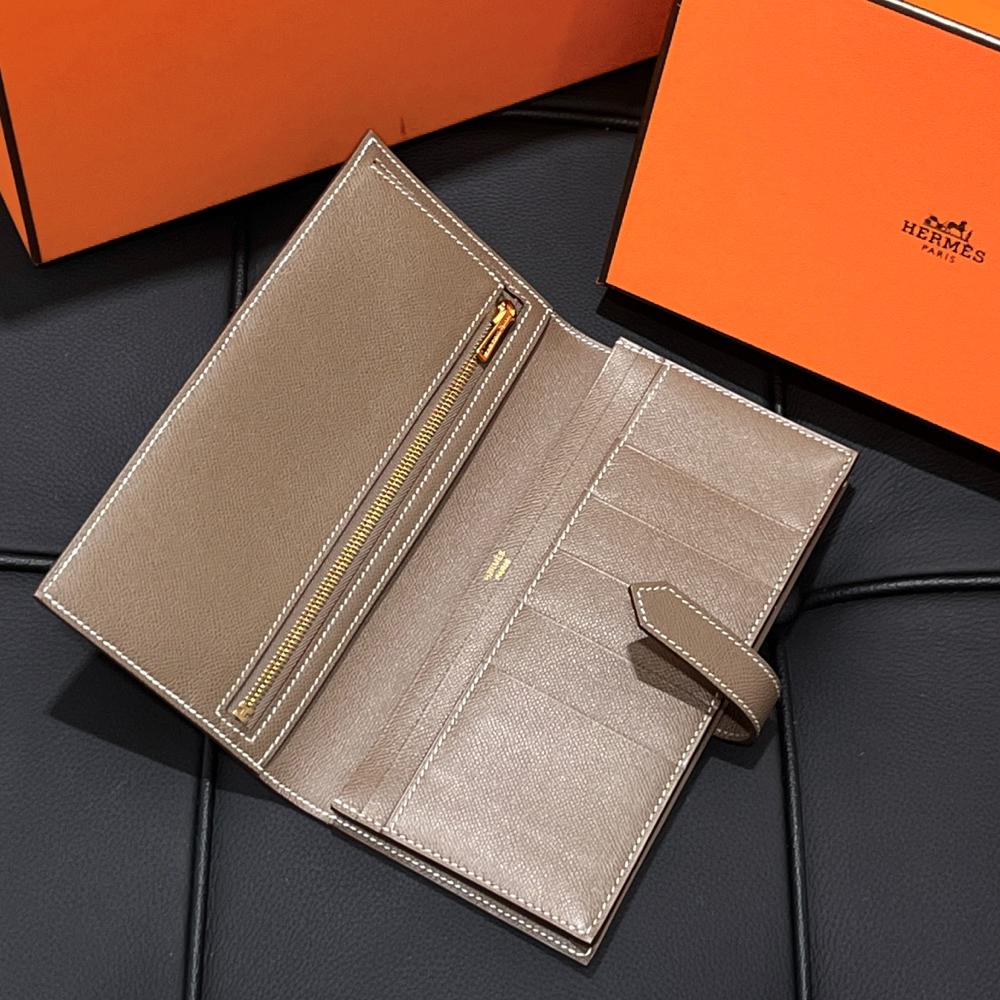 HERMES Béarn Long Wallet Etoupe Leather Gold Hardware Unisex